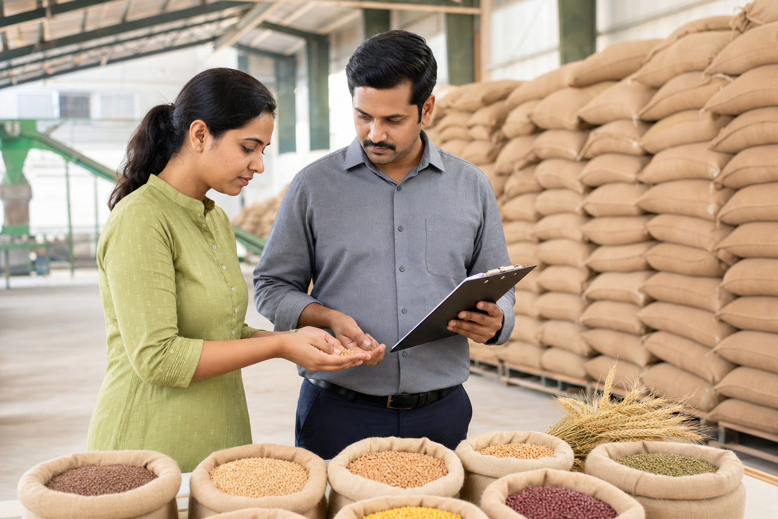 Agro professionals reviewing grain quality in an organized warehouse