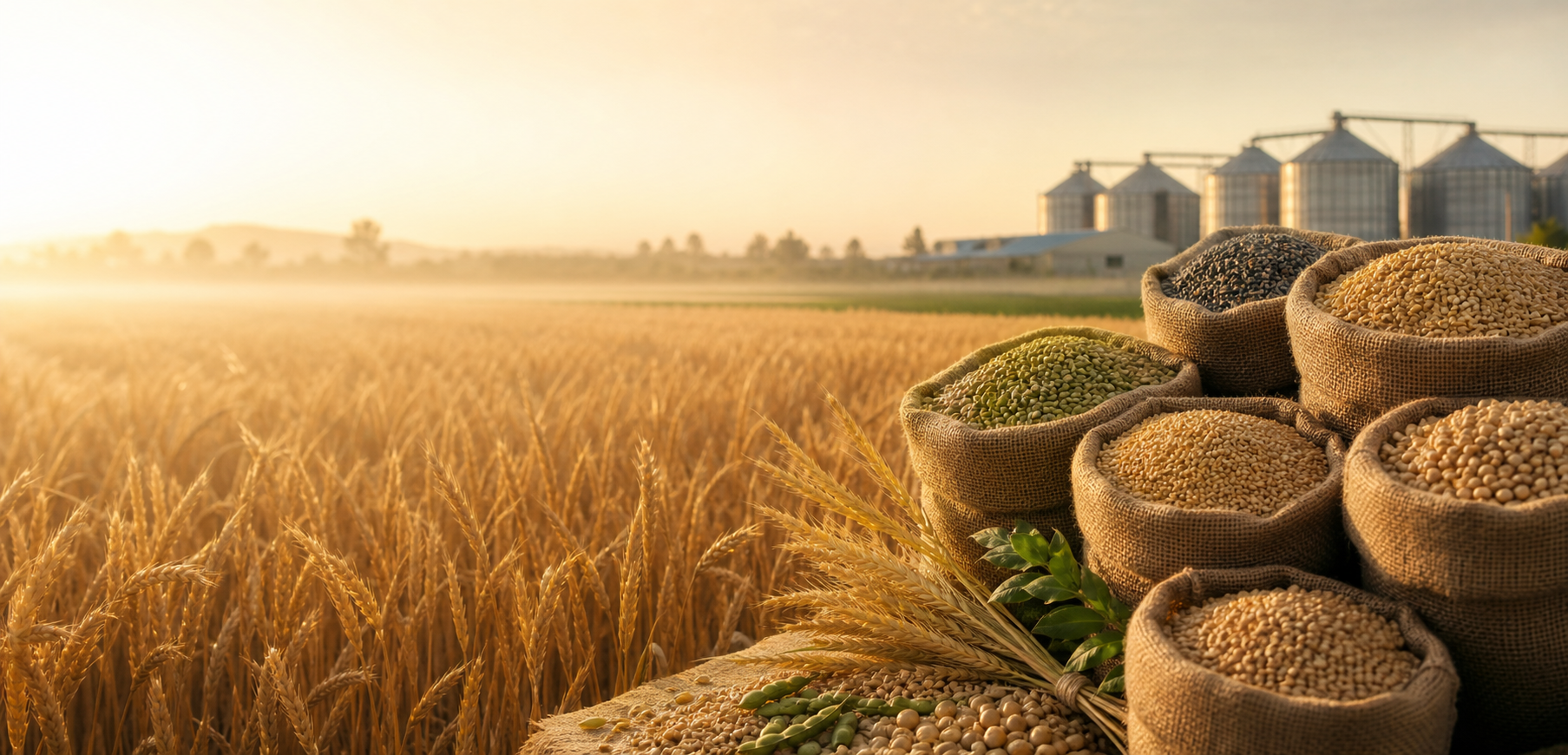 Quality grains and pulses beside a golden agricultural field